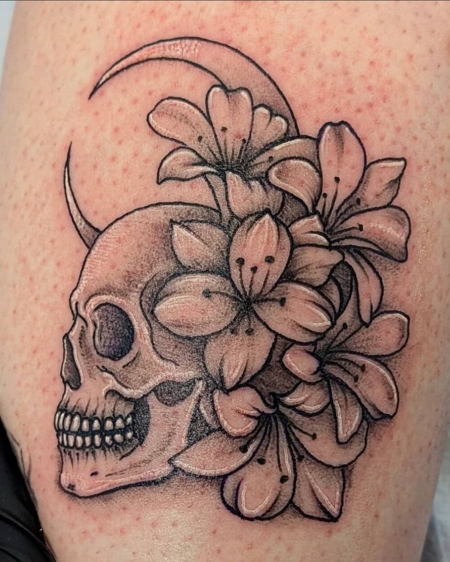 Skull with Flowers and Crescent Moon