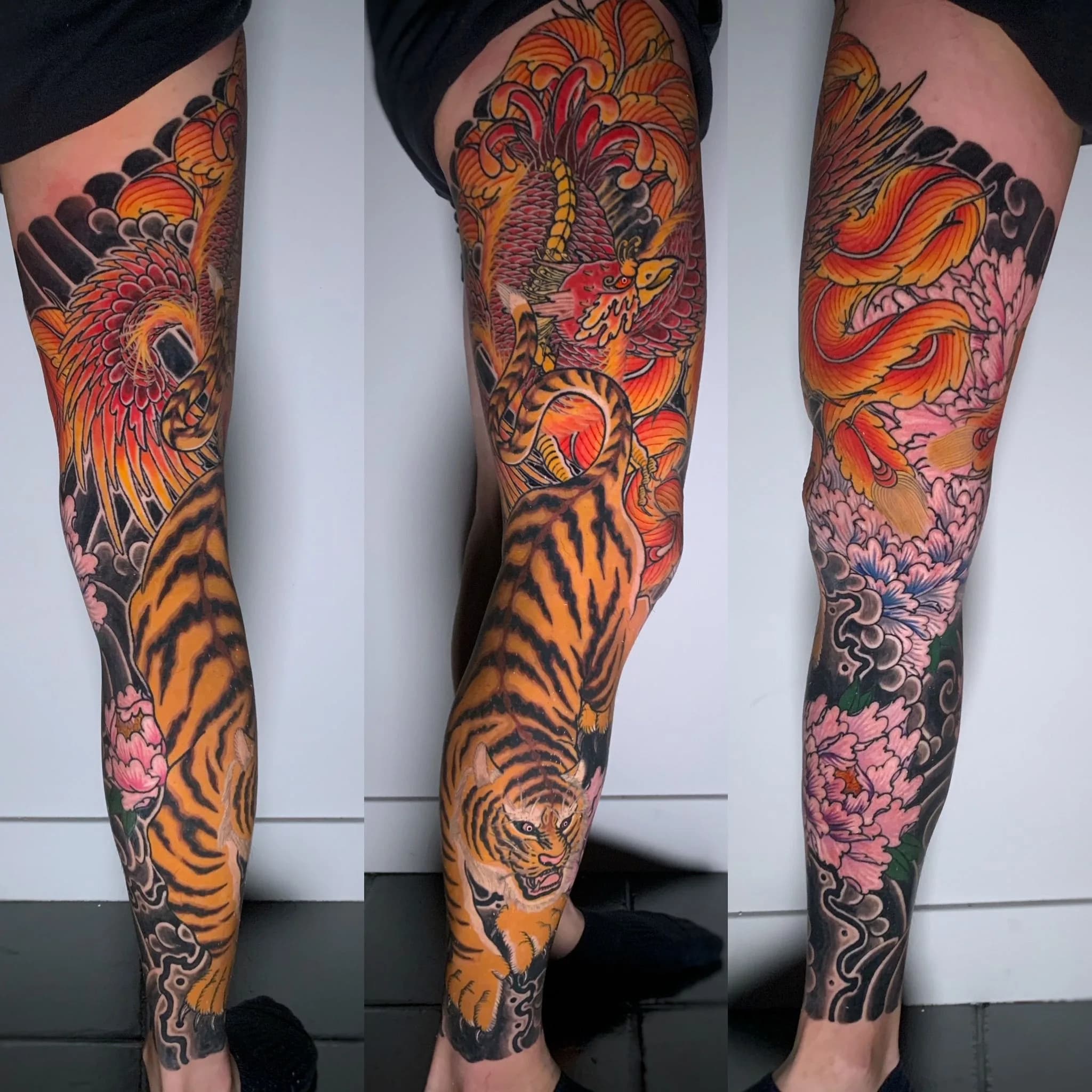 Tiger Tora Phoenix Hoo Peony Flower Full Leg Sleeve Japanese Traditional Tattoo Irezumi - Leg Sleeves - Japanese tattoo Vancouver by Horiryu II