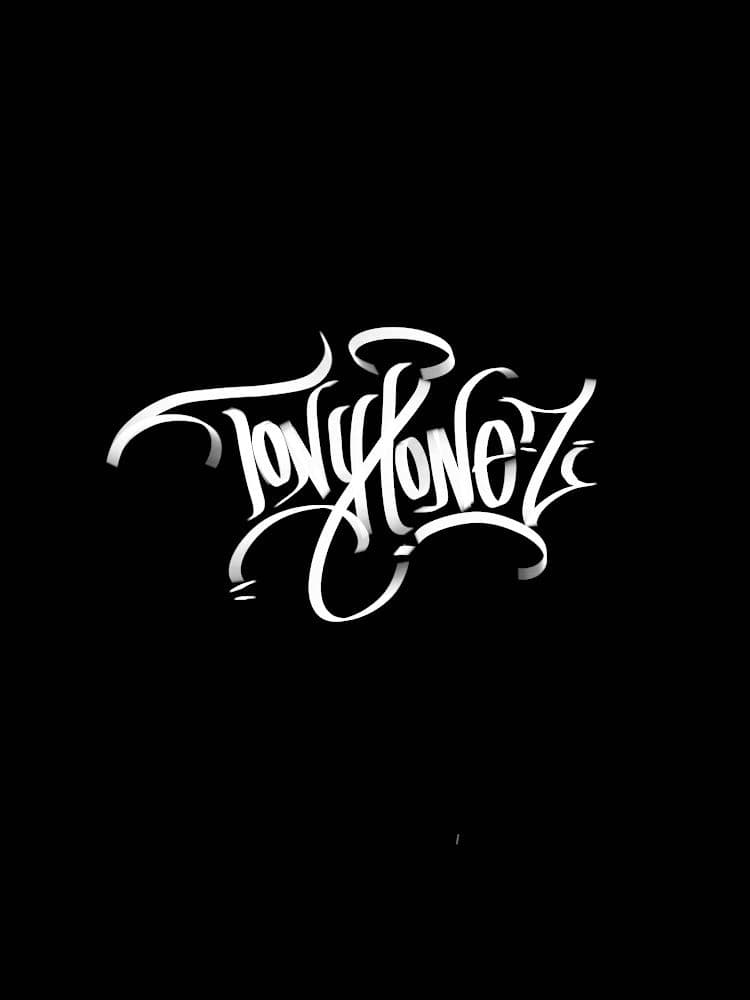 Tony Tonez wordmark in white chicano-style script on a black ground, without the surrounding ring, used as the site app icon