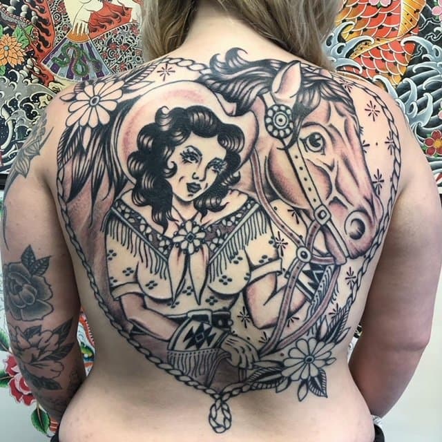 American traditional, cowgirl with horse, back tattoo