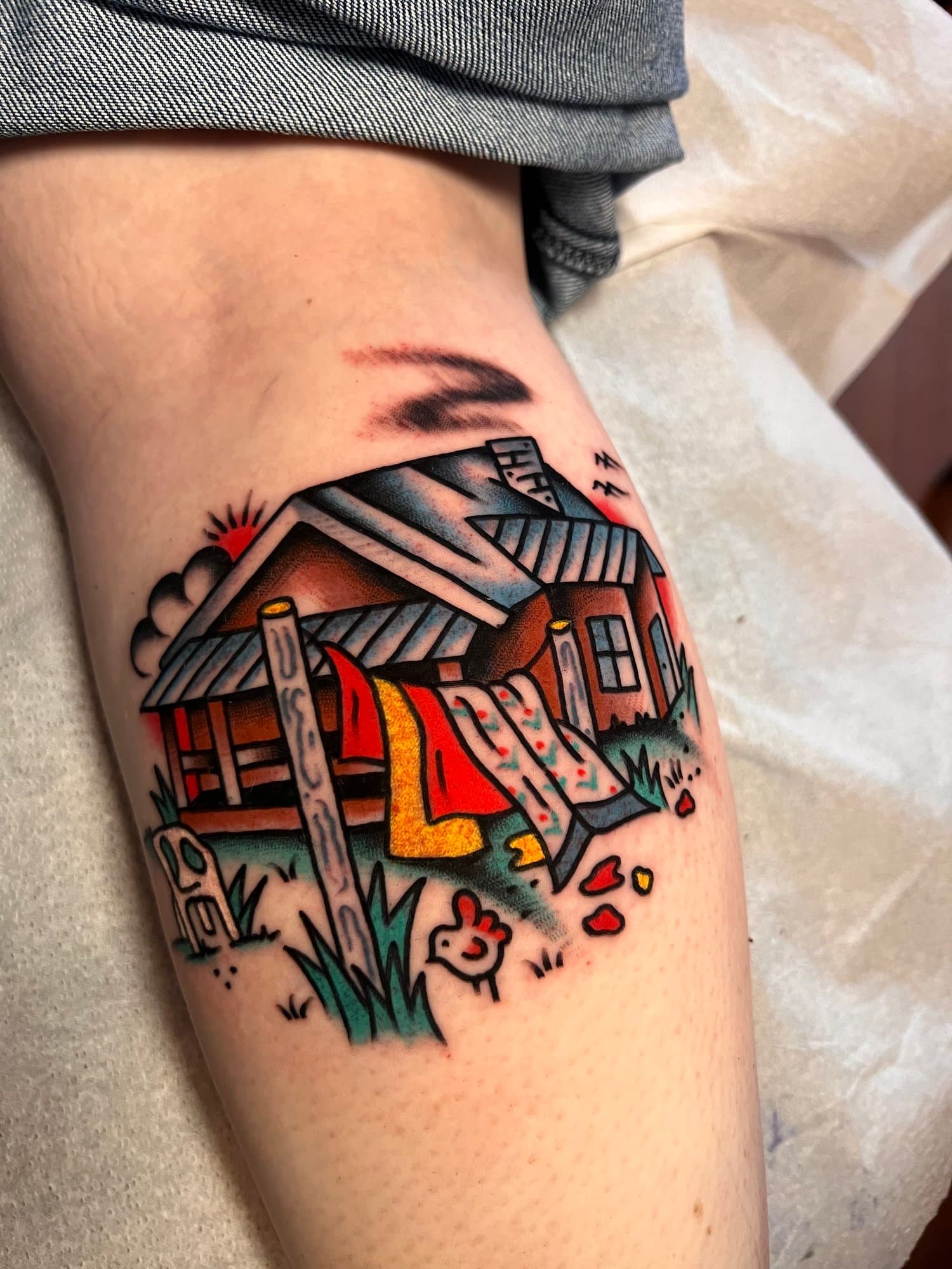 American Traditional Cabin Tattoo done in Edmonton Alberta