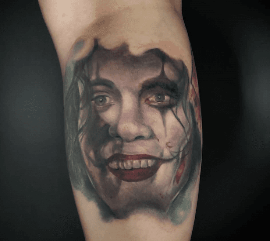 realistic color portrait tattoo of Eric Draven from the original The Crow movie.