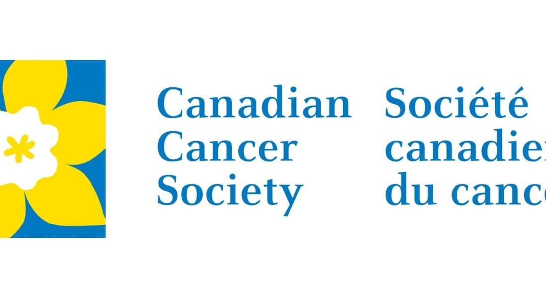 Logo of the Canadian Society Cancer Society, featuring a stylized yellow and white flower with blue background, alongside text in English and French.