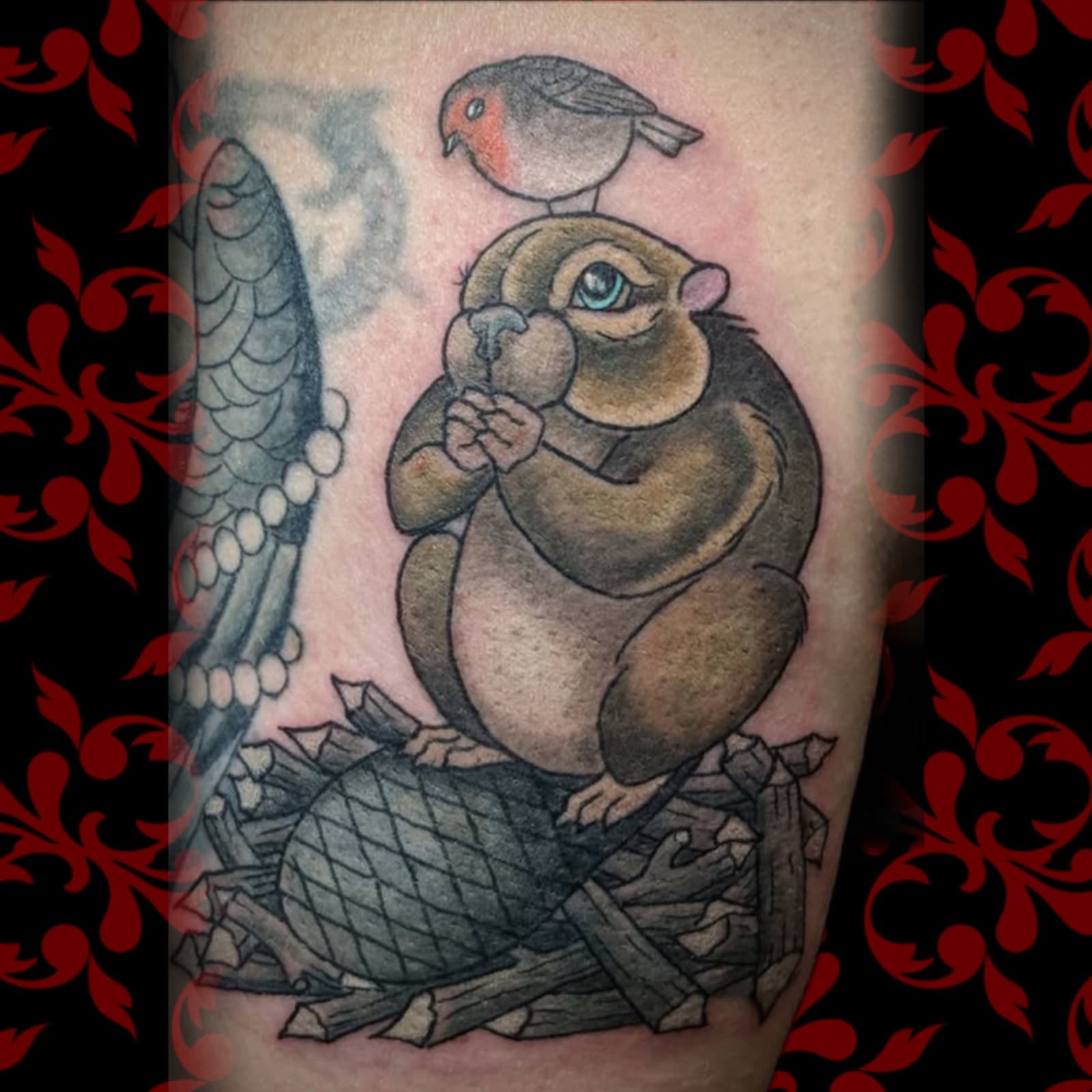 Jen Black Toronto tattoo artist tattooing out of Lewis Family Tattoo Company 2235A Dundas Street West colour tattoo