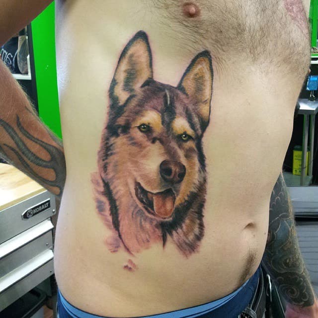 Large colour tattoo wolf portrait on ribs