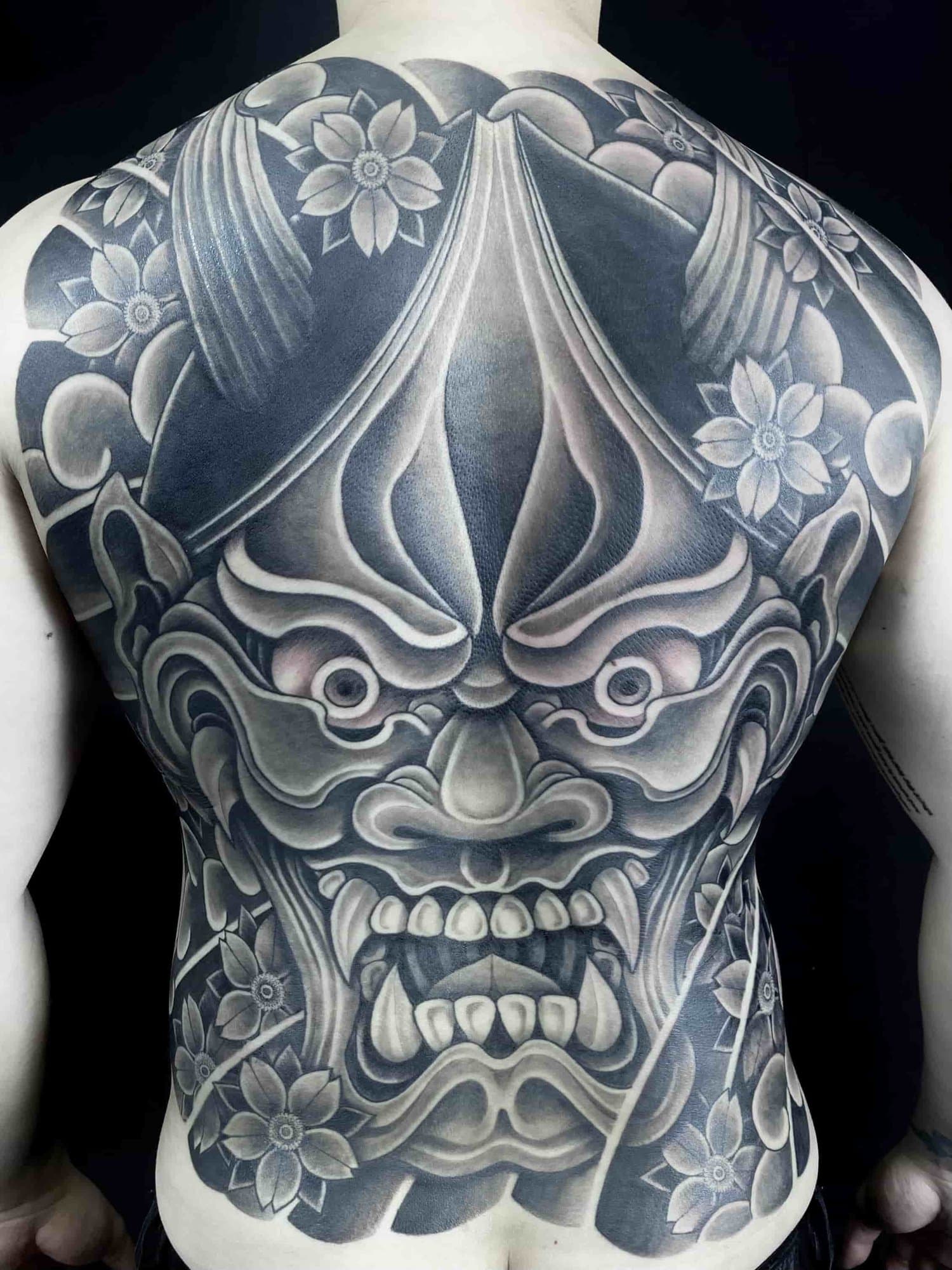 Japanese Backpiece Tattoo - Hannya Mask with Sakura - Artist Cohen Floch - Paradigm Tattoo in Victoria BC